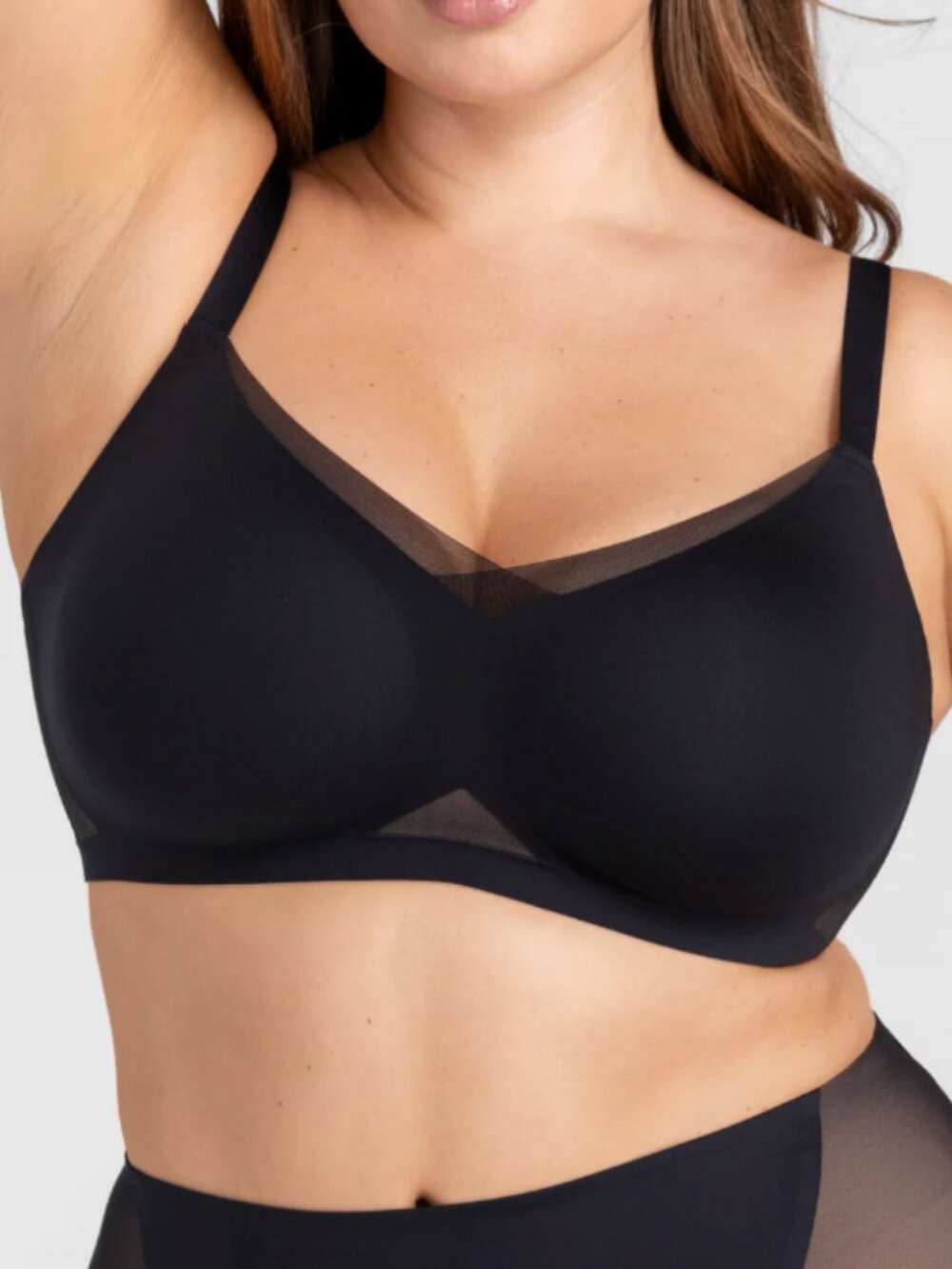 Honeylove LiftWear CrossOver Wireless Bra in Black Sheer Cutout Plus Size 44C/D